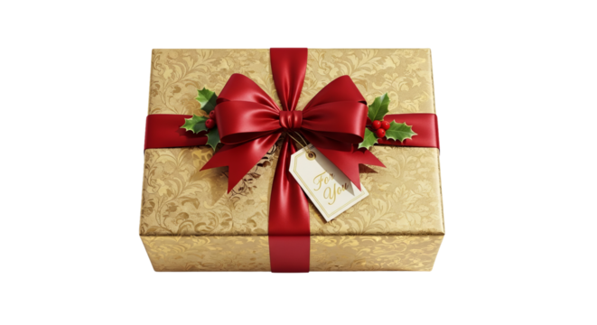 Gift box covered in gold patterned paper is adorned with a red bow and holly berries on a isolated background.