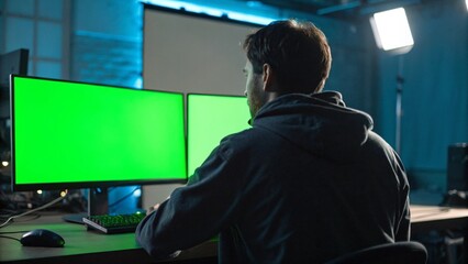 Back View of Male VFX Artist Working at Desk with Dual Green Screen Monitors in Modern Studio