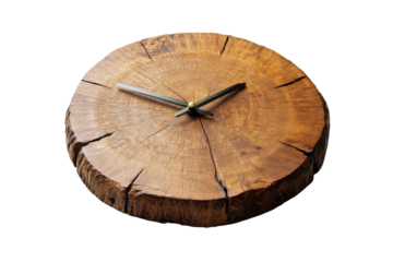 Rustic wooden oval clock with contrasting wood grain isolated on transparent background. Simple wall clock isolated on white background.
