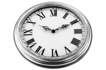 Antique silver pocket watch with roman numerals isolated on transparent background. Simple wall clock isolated on white background.