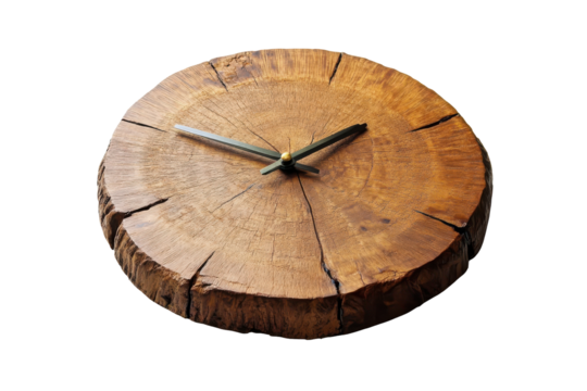 Rustic wooden oval clock with contrasting wood grain isolated on transparent background. Simple wall clock isolated on white background.