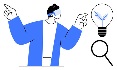 Person in VR headset gesturing with hands, lightbulb symbolizing creativity, magnifying glass for search. Ideal for technology, innovation, design thinking, research, exploration, creativity simple
