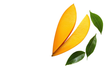 Fresh mango fruit slices and leaves isolated on transparent background. Sliced piece of mango with leaves isolated on white background.