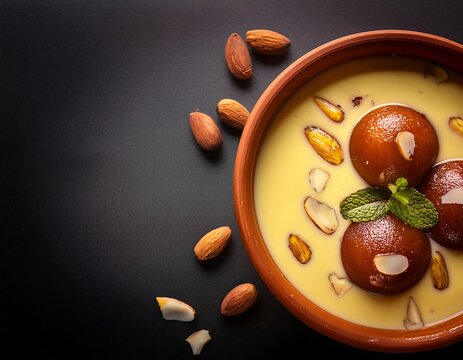 A top-down picture of a typical Gulab Jamun dessert with almonds and creamy saffron rabdi served in a ceramic bowl