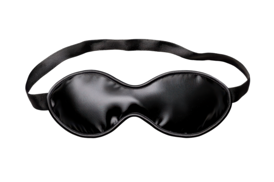 Black satin eye mask for sleep isolated on transparent background. Sleeping mask isolated on white background.