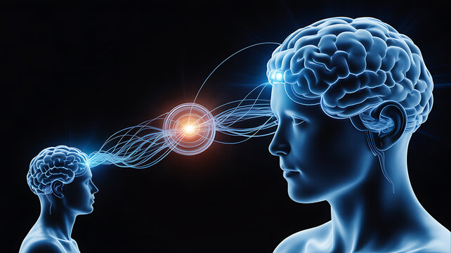 Two human heads with brains connected by energy transfer mind connection