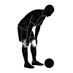 Silhouette vector illustration of a soccer player bending down exhausted next to a soccer ball silhouette vector illustration white background