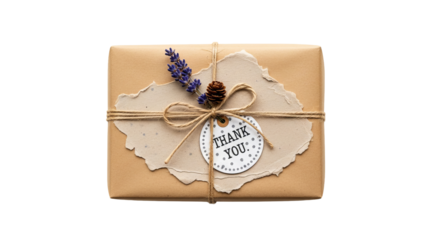 Gift wrapped in brown paper is decorated with lavender, pinecone, paper, twine and a 'thank you' tag.