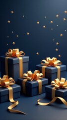 Generative AI illustration of blue gifts with golden bows and ribbons placed on blue background near stars.