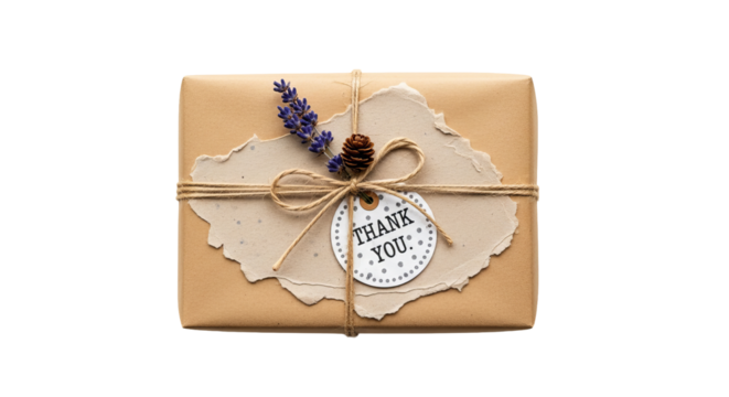 Gift wrapped in brown paper is decorated with lavender, pinecone, paper, twine and a 'thank you' tag.
