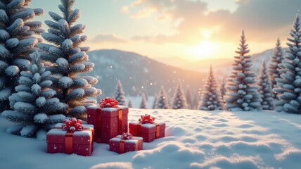 Decorated christmas trees with red garlands into a  forest on a snowy sunrise close to xmas gifts in red boxes , Generative AI illustration.
