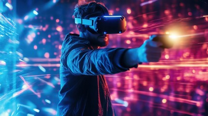 Man in virtual reality headset holding gun in cyberspace with neon lights and data streams, exploring digital world and gaming