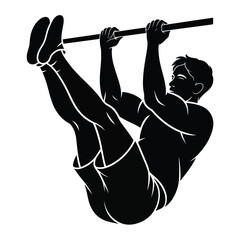 Silhouette illustration of a muscular man performing a hanging leg raise exercise on a pull-up bar silhouette vector illustration white background
