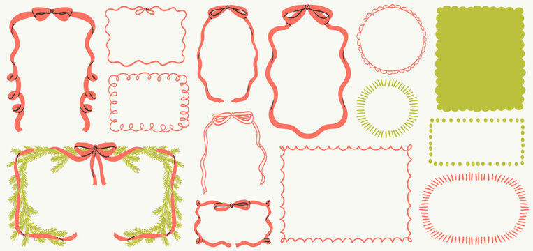 Christmas decoration border with fir tree branches, bow, ribbon in vintage whimsical doodle style for poster, placards, invitations. Christmas or New Year design holiday frame vector illustration set.