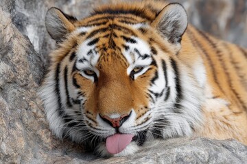 Fototapeta premium Close-Up of a Large Siberian Tiger Grooming Itself, Tongue Out, Capturing the Beauty of a Wild Cat at Rest