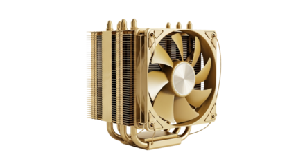 Gold colored computer cooler features cooling fins and fan against background. - high quality Gold colored computer cooler features cooling fins and f