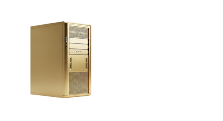 Gold computer tower stands against a stark , showcasing its reflective surface and perforated grill.