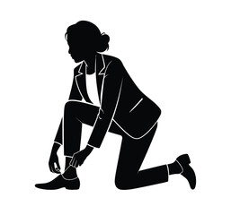 Business woman silhouette kneeling tying shoelaces vector illustration scalable eps icon silhouette vector illustration white background