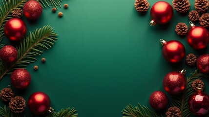 Row of red christmas ball decorations and pine cones on a green background.