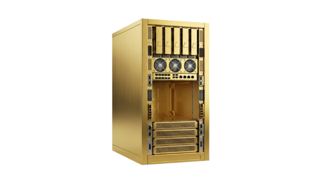 Gold computer server case is displayed with hard drive bays and fans visible against a dark .