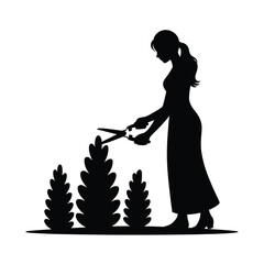 Silhouette illustration of a woman pruning garden bushes with shears scalable vector graphic for eps silhouette vector illustration white background