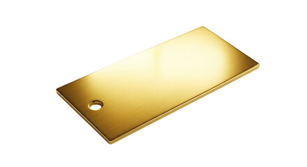 Gold metal plate shows horizontal grain with a hole in the corner and rounded edges.