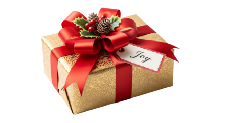 Gold gift box presents a red ribbon, pine cones, holly, and a tag labeled "Joy".