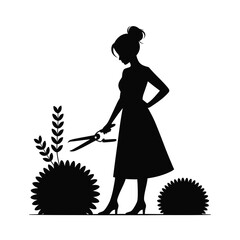 Silhouette illustration vector graphic of a woman gardening with shears scalable eps icon silhouette vector illustration white background