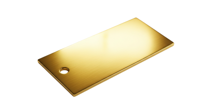 Gold metal plate shows horizontal grain with a hole in the corner and rounded edges.