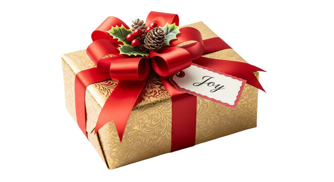 Gold gift box presents a red ribbon, pine cones, holly, and a tag labeled "Joy".