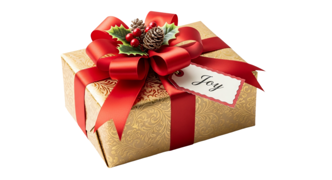 Gold gift box presents a red ribbon, pine cones, holly, and a tag labeled "Joy".