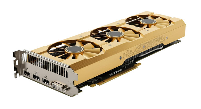 Gold graphics card displays three cooling fans and multiple ports on its metal backplate.