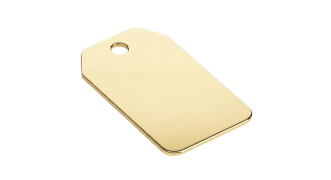 Gold metallic tag sits angled against a isolated background, reflecting light from its smooth surface.