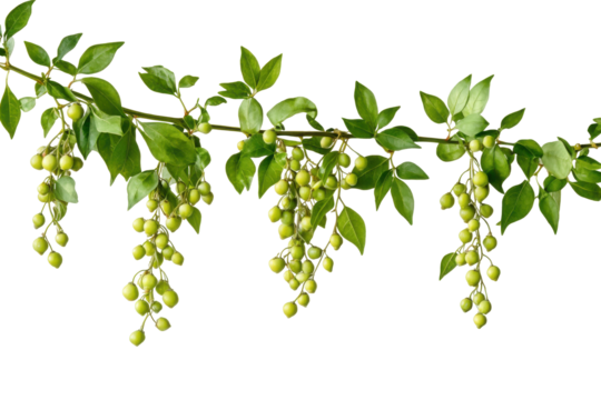 Delicate green flower clusters on a branch isolated on transparent background. Szechuan pepper zanthoxylum piperitum fruits isolated on white background.