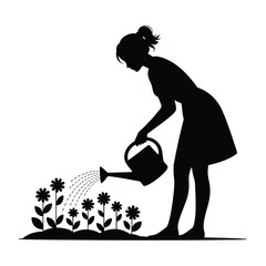 Silhouette illustration of a woman watering flowers vector graphic for eps file silhouette vector illustration white background