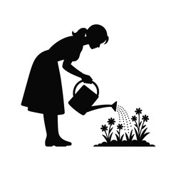 Elegant black silhouette illustration of a woman watering flowers garden vector graphic scalable eps icon silhouette vector illustration white background