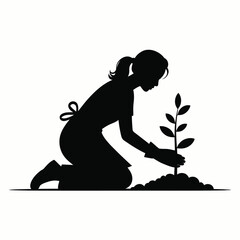 Silhouette vector illustration of a woman planting a sapling scalable eps graphic for gardening and environmental themes silhouette vector illustration white background