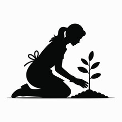 Vector silhouette illustration of a person planting a young tree graphic design element silhouette vector illustration white background