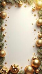 Watercolor Paint Christmas ornaments card frame Pine center and stars gold Metallic Elegant handmade painting bush.