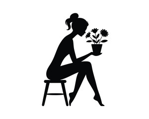 Elegant silhouette illustration of a woman sitting with a potted flower vector graphic silhouette vector illustration white background