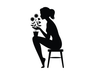 Silhouette illustration of a woman tending to flowers in a pot on a stool scalable vector graphic silhouette vector illustration white background