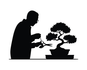 Silhouette illustration of a person tending to a bonsai tree vector graphic for eps download silhouette vector illustration white background