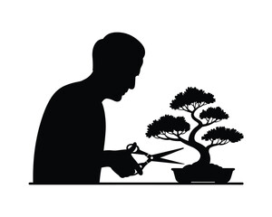 Silhouette vector illustration of a gardener pruning a bonsai tree with scissors scalable eps silhouette vector illustration white background