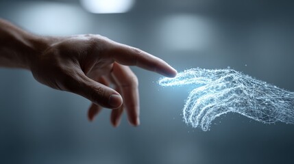 Human hand touching robotic hand, signaling emerging connection between human intelligence and digital technology, representing collaborative future of technological interaction
