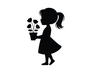 Vector silhouette illustration of a young girl holding a potted flower plant scalable eps graphic silhouette vector illustration white background
