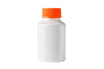 Small white plastic bottle with orange cap isolated on transparent background. White plastic bottle of glue with orange cap isolated on white background.