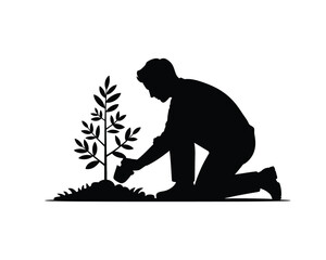 Silhouette illustration of person planting tree vector graphic scalable eps icon for environmental themes silhouette vector illustration white background
