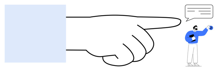 Oversized hand pointing at a small, expressive figure holding a globe and speaking via speech bubble. Ideal for communication, authority, guidance, leadership, influence, ideas creativity. A simple