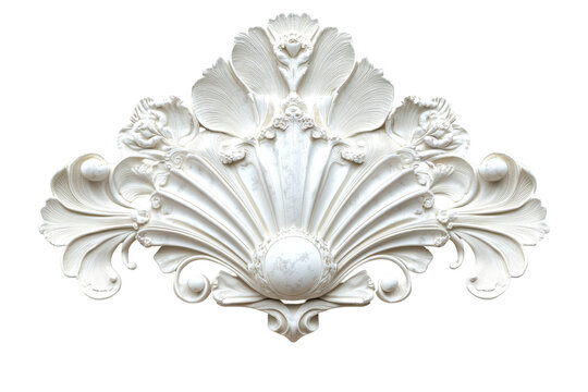 Ornate white shell shaped architectural molding isolated on transparent background. White elegant sea jacobean scallop shell isolated on white background.
