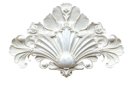 Ornate white shell shaped architectural molding isolated on transparent background. White elegant sea jacobean scallop shell isolated on white background.